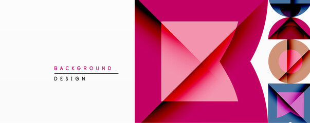 Poster - Abstract geometric composition. Pink shades dominate, layered triangles create depth. Right side features circles, squares, overlapping shapes. Modern design element.