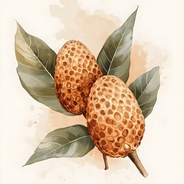 Two honey-hued fruits with intricate honeycomb patterns and foliage.