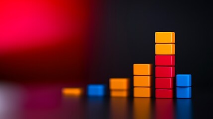 Colorful building blocks arranged in a rising pattern on a dark background with soft lighting
