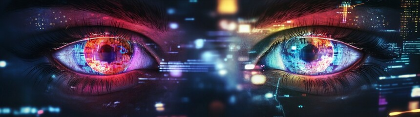 Poster - A pair of eyes with blue and red irises, symmetrical on the left side, surrounded by digital data visualizations in shades of black, white, gray, purple, pink, red, and yellow, creating an atmosphere 