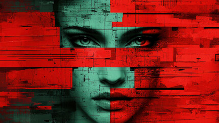 Aufkleber - abstract red and green portrait of a woman with fragmented visual elements and artistic design