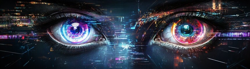 Poster - A pair of eyes with blue and red irises, symmetrical on the left side, surrounded by digital data visualizations in shades of black, white, gray, purple, pink, red, and yellow, creating an atmosphere 