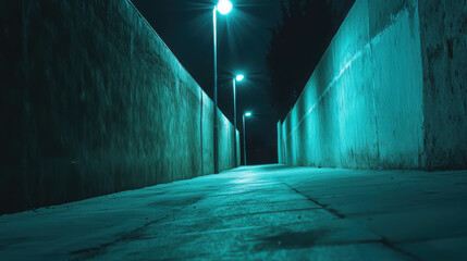 Poster - Serene Night Pathway Illuminated by Street Lights in a Quiet Urban Environment