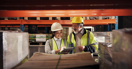 Poster - People, logistics team and tablet in warehouse for inventory inspection, stock check and planning. Digital technology, collaboration and shipping discussion with happy supervisor for supply chain