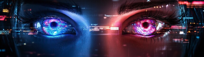 Poster - A pair of eyes with blue and red irises, symmetrical on the left side, surrounded by digital data visualizations in shades of black, white, gray, purple, pink, red, and yellow, creating an atmosphere 
