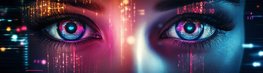 Poster - A pair of eyes with blue and red irises, symmetrical on the left side, surrounded by digital data visualizations in shades of black, white, gray, purple, pink, red, and yellow, creating an atmosphere 