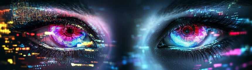 Poster - A pair of female eyes, with a red and blue color gradient, set against a cyberpunk-style background with digital numbers in the middle of them. 