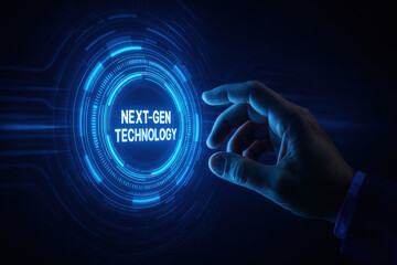 Poster - A hand reaches toward a glowing digital interface representing next-generation technology symbolizing innovation strategy and business decision-making