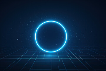 Poster - A mesmerizing blue neon ring pulsates rhythmically above a sleek minimalist tech grid creating a striking focal point that embodies modern design and strategy