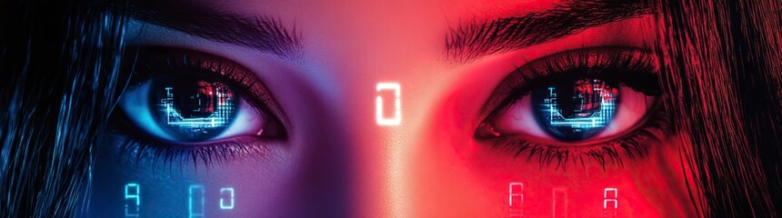 Poster - A pair of female eyes, with a red and blue color gradient, set against a cyberpunk-style background with digital numbers in the middle of them. 