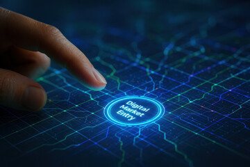 Poster - A slender finger poised over a vibrant holographic map symbolizes strategic decision making and innovation in digital market entry within business growth