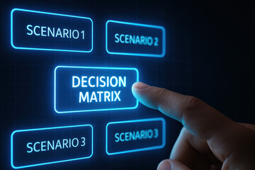 Poster - A business professional makes a strategic decision using a decision matrix interface highlighting analysis and growth opportunities within various scenarios