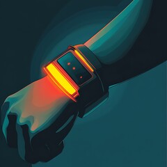 Poster - Futuristic Orange Glowing Wristband on Dark Teal Background