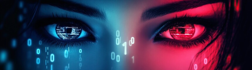 Poster - A pair of female eyes, with a red and blue color gradient, set against a cyberpunk-style background with digital numbers in the middle of them. 