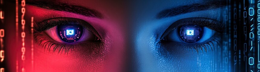 Poster - A pair of female eyes, with a red and blue color gradient, set against a cyberpunk-style background with digital numbers in the middle of them. 