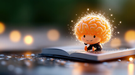 Poster - Whimsical illustration of character with glowing brain sitting on open book, surrounded by sparkling lights, creating magical and imaginative atmosphere