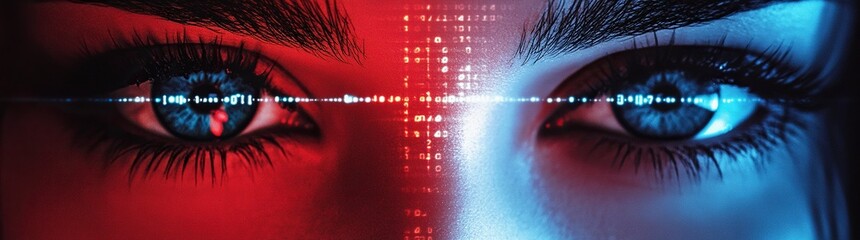 Poster - A pair of female eyes, with a red and blue color gradient, set against a cyberpunk-style background with digital numbers in the middle of them. 