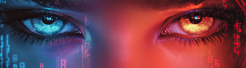 Poster - A pair of female eyes, with a red and blue color gradient, set against a cyberpunk-style background with digital numbers in the middle of them. 