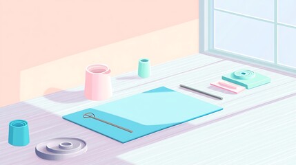 Poster - Pastel Workspace near Window Soft Light, Blue Mat, Pink and Teal Accents