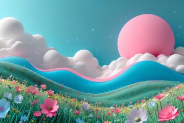 Poster - 青い空の下 丘の上に咲き誇る様々な色の花々とピンクの太陽の風景