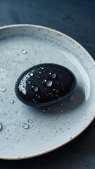 Poster - Close up of water droplets on smooth black pebble centered on white plate Macro