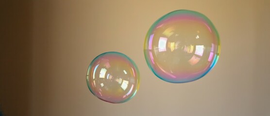 Poster - floating soap bubble captured mid frame against beige wall fragility, reflecti