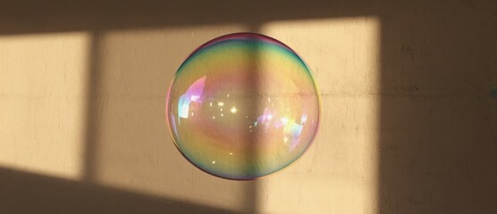 Poster - Floating soap bubble captured mid frame against beige wall Fragility, reflecti