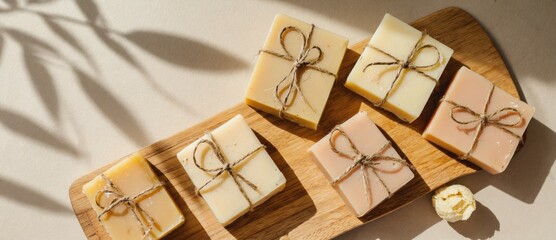 Poster - Handcrafted soap bars tied with twine resting on wooden tray Flat lay, beige t