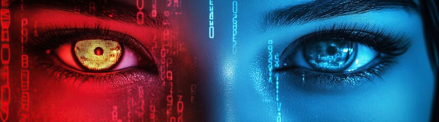 Poster - A pair of female eyes, with a red and blue color gradient, set against a cyberpunk-style background with digital numbers in the middle of them. 