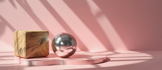 Poster - Wooden cube and steel sphere side by side on pastel background Material contra