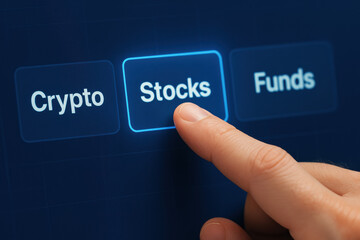 Poster - A business strategy focused on investment decision-making is highlighted by swiping through key sectors such as crypto stocks and funds on a finance interface