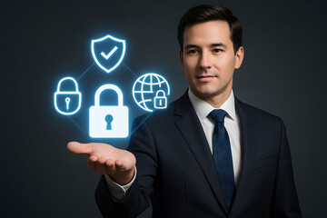 Poster - Cybersecurity Advocate: A confident professional, with unwavering resolve, presents a collection of digital security symbols, underscoring the importance of secure digital landscape.