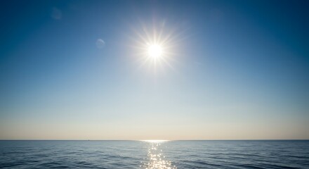 ocean horizon: bright sun, serene seascape, tranquil summer