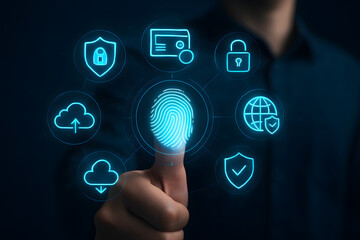 Poster - Cyber Security: An illuminated fingerprint, central to a network of digital security icons, signifies secure access and data protection. Highlighting digital identity and cyber protection.