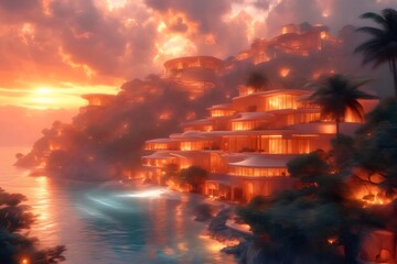 Aufkleber - オレンジ色の夕焼け空の下に広がる豪華リゾートの島 夕暮れ時の海辺にそびえ立つ建築物 光と影のコントラスト 幻想的な風景