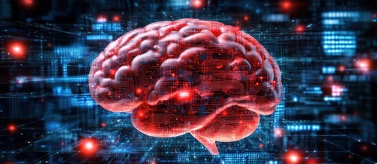 Poster - artificial intelligence and data analytics represented by a brain connected to a network of circuits, highlighting neural pathways and digital processing for ai concept and innovative technologies