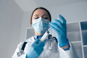 Poster - A healthcare professional in a white lab coat and blue gloves is carefully preparing a vaccine dose in a welllit clinical setting, prioritizing safety and precision throughout the process