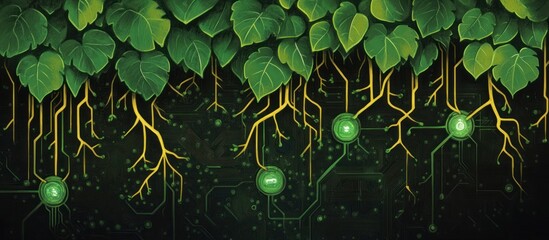 Poster - the intersection of nature and technology is illustrated through vibrant green leaves and circuit board patterns symbolizing sustainable technology advancements