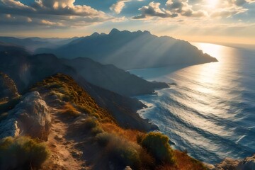 Poster - 高台から見下ろす海岸線 夕日の光が水面を照らし 岩山と海原が織りなす雄大な風景