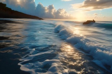 Poster - 夕日の輝きと波が打ち寄せる海岸線の風景 海面と空のグラデーション 穏やかな夏の日の光が水面を照らす