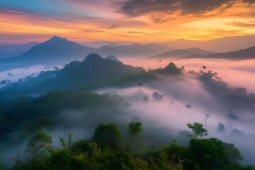 Aufkleber - 日の出の光が山々を照らす霧に包まれた風景 鳥の群れが舞うオレンジとピンク色の空