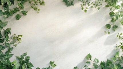 Poster - serene composition featuring fresh green ivy adorning the edges of a subtly textured white surface bathed in soft diffused sunlight creating a peaceful organic aesthetic