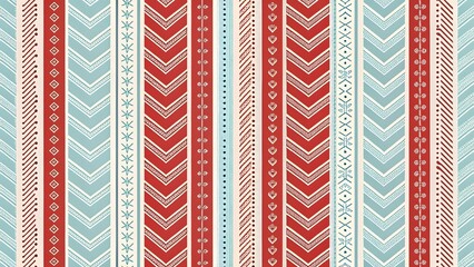 Poster - A vibrant textile design featuring a rhythmic interplay of red, blue, and cream stripes, adorned with charming chevron and geometric patterns, creating a joyful and visually rich tapestry.