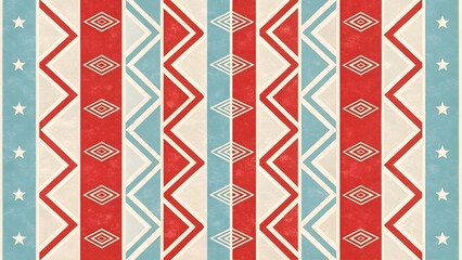 Poster - A vibrant tapestry of red, white, and blue geometric patterns evokes a feeling of spirited patriotism and playful energy with a textured, vintage look.