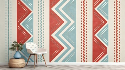 Poster - A vibrant bohemian wall mural featuring geometric terracotta and teal chevron patterns on a textured off-white background, creating a stylish and modern room design.