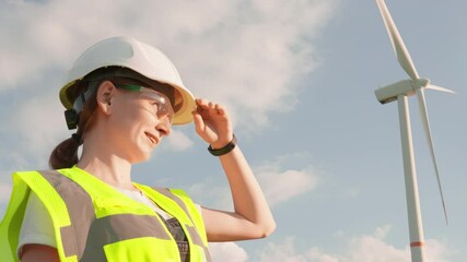 Poster - A proficient female engineer in safety gear examines a wind turbine, demonstrating commitment to renewable energy and sustainable development in her field