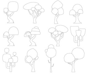 Poster - A set of tree drawings in black and white. The trees are all different shapes and sizes, with some being tall and skinny and others being short and wide