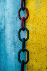 Poster - Colorful Chain Links Against Vibrant Wall in Contrasting Blue and Yellow Shades