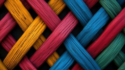 Aufkleber - Colorful Woven Textures with Blue, Red, Yellow, Green Strands Interlaced on Dark Background