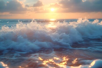 Aufkleber - 夕焼け時の海面と波のクローズアップ 太陽の光が水面に反射した穏やかな風景